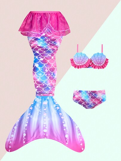 SHEIN Young Girl Mermaid Scale Printed Three-Piece Bikini Set With Ruffle Trim And Split Design, No Lock Edge, Bathing Suit Beach Outfit Swimming Costume Summer Vacation Summer Beach