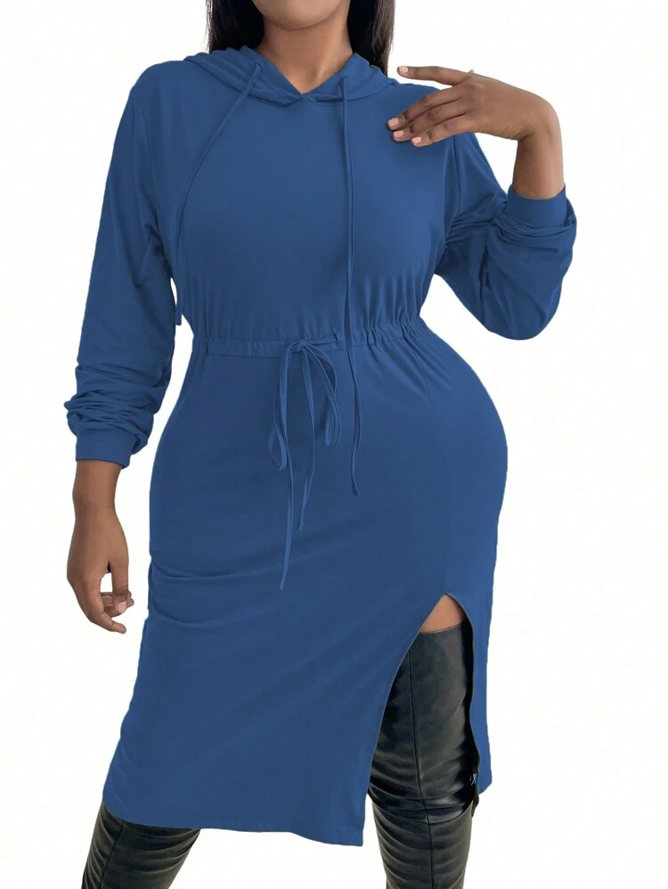Plus Size Solid Color Drawstring Waist Split Hem Hooded Dress