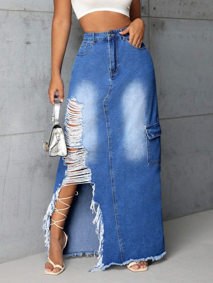 SHEIN SXY 女士磨邊牛仔裙,破洞和劃痕設計 - 藍色 - 查看 1