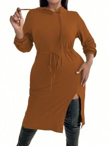 Calvaya 加大碼女士固色連帽連衣裙,腰帶綁帶及分割式下擺設計