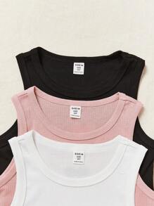 SHEIN 3入組十幾歲女孩針織休閒心形紋理背心套裝 - 黑與白 - 查看 4