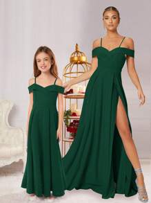 SHEIN Elegantes, schulterfreies Kleid mit Trägern für Tween-Mädchen mit exquisitem Design und einfarbigem Stil für Partys