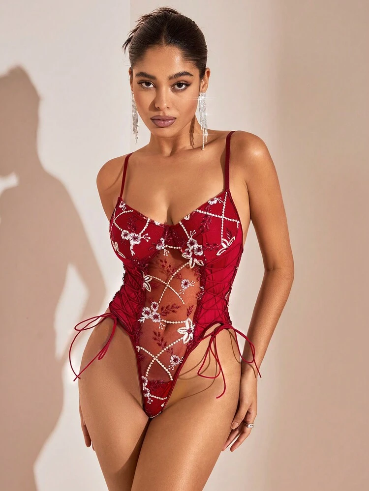 Valentine's Day Lingerie - Sexy Red Corset Bodysuit With Embroidered Mesh Cups, Perfect For Summer