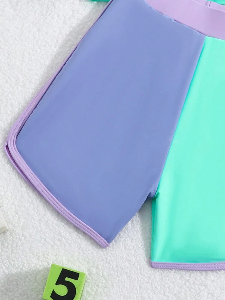 Baby Boy's Color-Block Short Sleeve Rash Guard And Shorts Swimwear, Long Sleeve Bathing Suit Beach Outfit Rash Guard Summer Vacation