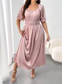 SHEIN Unity Plus Size Solid Color Square Neckline Short-Sleeve Waist Dress - Pink - View 4