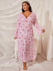 Swim Mod 夏季大码波西米亚风花卉印花喇叭袖罩衫连衣裙，邮轮装海滩装度假风