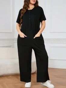 EMERY ROSE Plus Size Button-Front Short Sleeve Jumpsuit With Pockets - Black - View 3