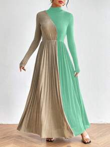 SHEIN Privé 顏色塊壓褶前開岔女裝連衣裙 - 綠色 - 查看 3