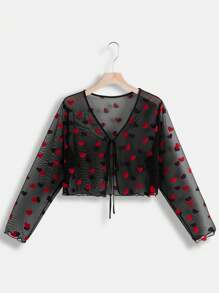 SHEIN EZwear 情人節毛絨心形印花綁腰襯衫 - 彩色 - 查看 1