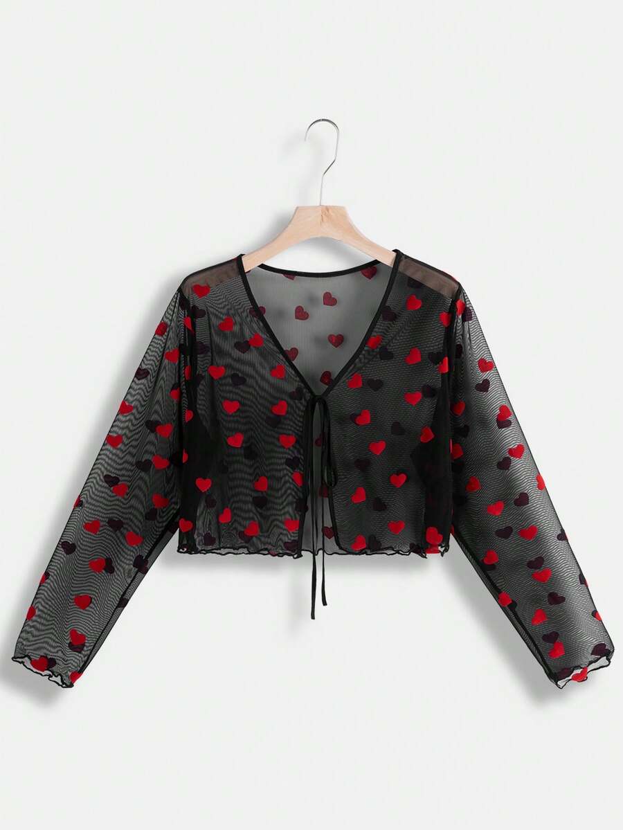 SHEIN EZwear 情人節毛絨心形印花綁腰襯衫 - 彩色 - 查看 1