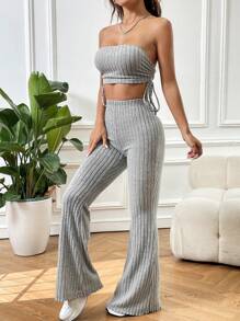 SHEIN EZwear Grey Ribbed Tube Top And Flare Pants Women's Set - Grey - View 5