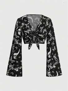 ROMWE Goth Áo nữ Thắt nơ trước Thú vật Tất cả trên in Giải trí - màu đen - Xem 1