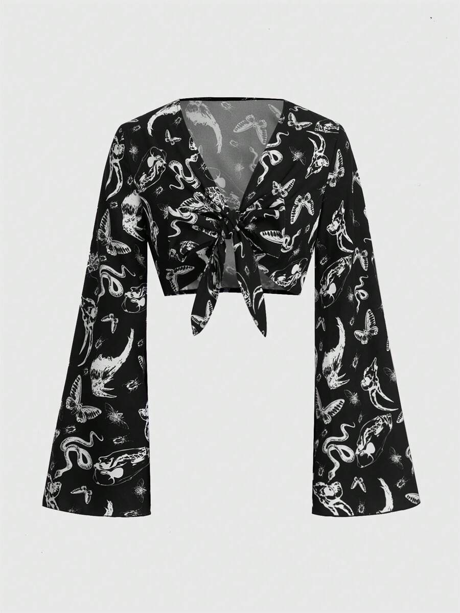 ROMWE Goth Áo nữ Thắt nơ trước Thú vật Tất cả trên in Giải trí - màu đen - Xem 1