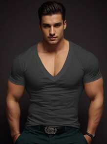 Manfinity Homme Men Plain V-Neck Short Sleeve T-Shirt, For Gym - Grey - View 1