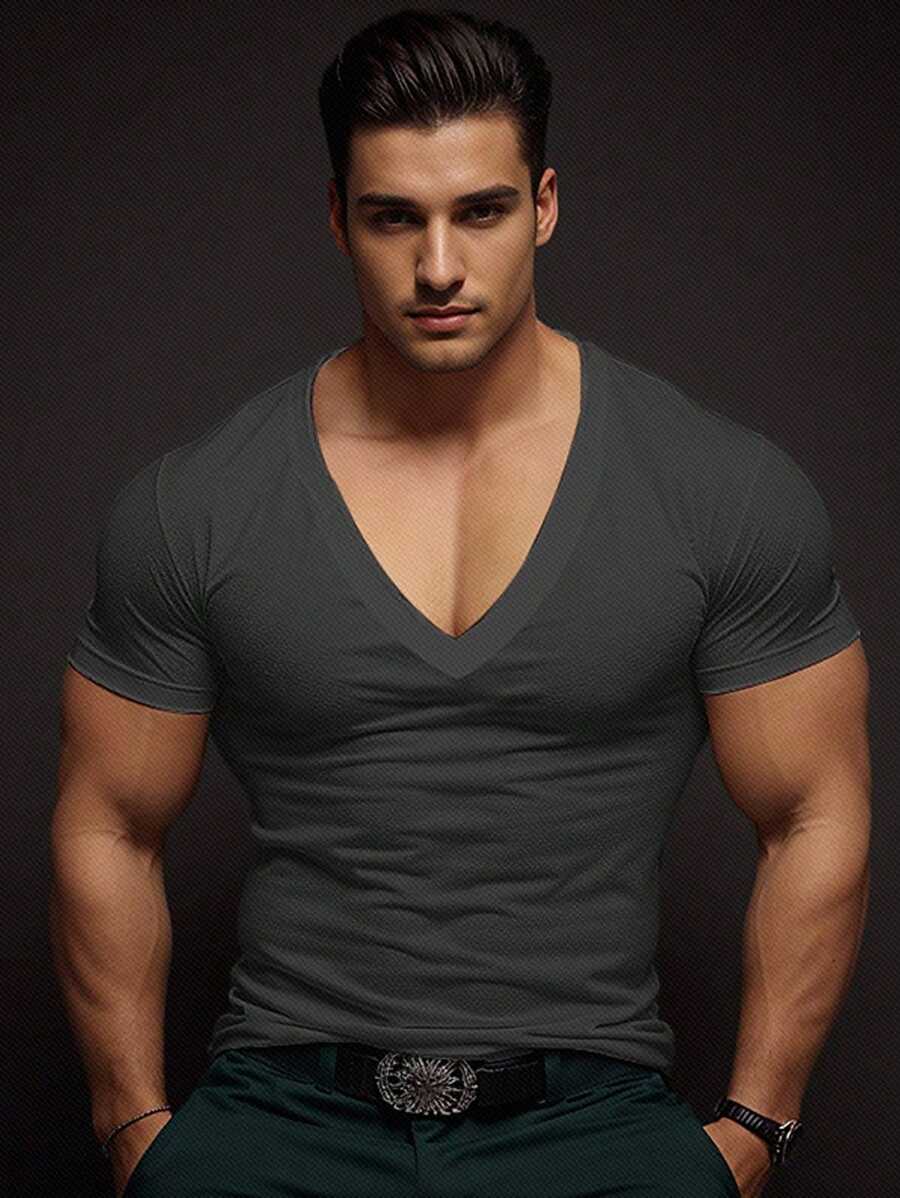 Manfinity Homme Men Plain V-Neck Short Sleeve T-Shirt, For Gym - Grey - View 1