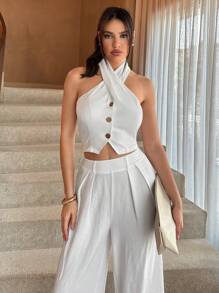 SHEIN Essnce 女士日常通勤單排扣交叉帶掛脖上衣褲兩件套 - 白色 - 查看 4