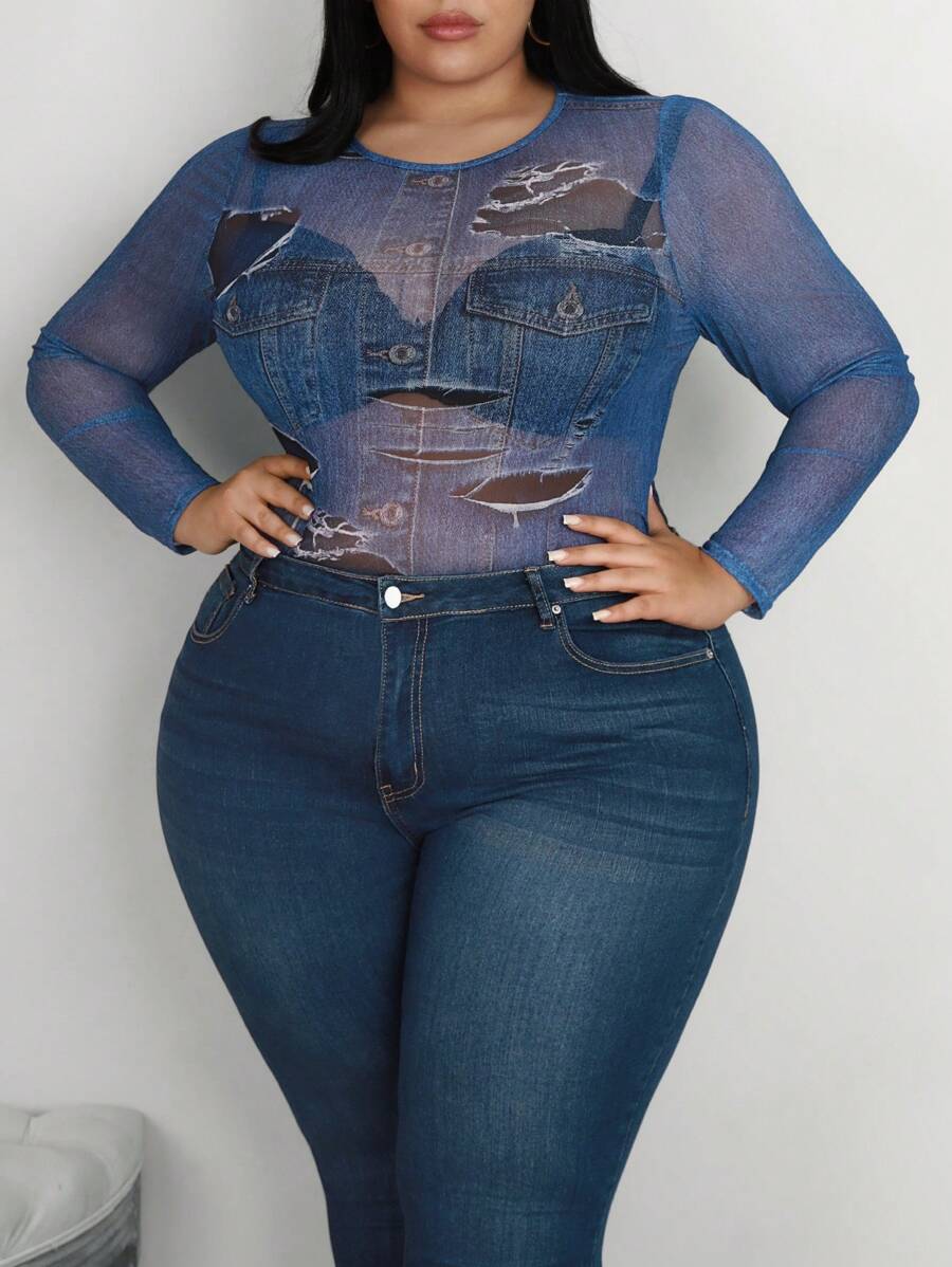 SHEIN CURVE+ 大码牛仔效果图案长袖上衣 - 彩色 - 查看 1