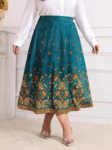 Modelyn Plus Paisley Print Skirt - Green - View 1