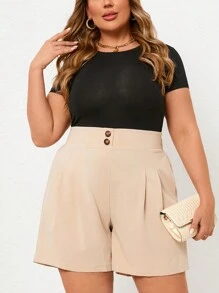 SHEIN Essnce Plus Size Women's Solid Color Pleated Shorts - Khaki - View 4