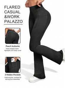 Easithlete 高腰喇叭形瑜伽裤，配有隐藏式口袋，适合日常休闲、运动和健身 - 黑色 - 查看 1