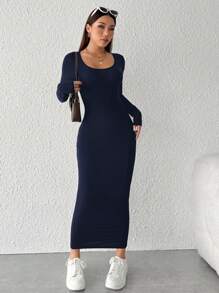 SHEIN PETITE 純色圓領修身長袖裙 - 藏蓝色 - 查看 5