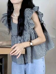 女士格子衬衫，单排扣，荷叶袖
