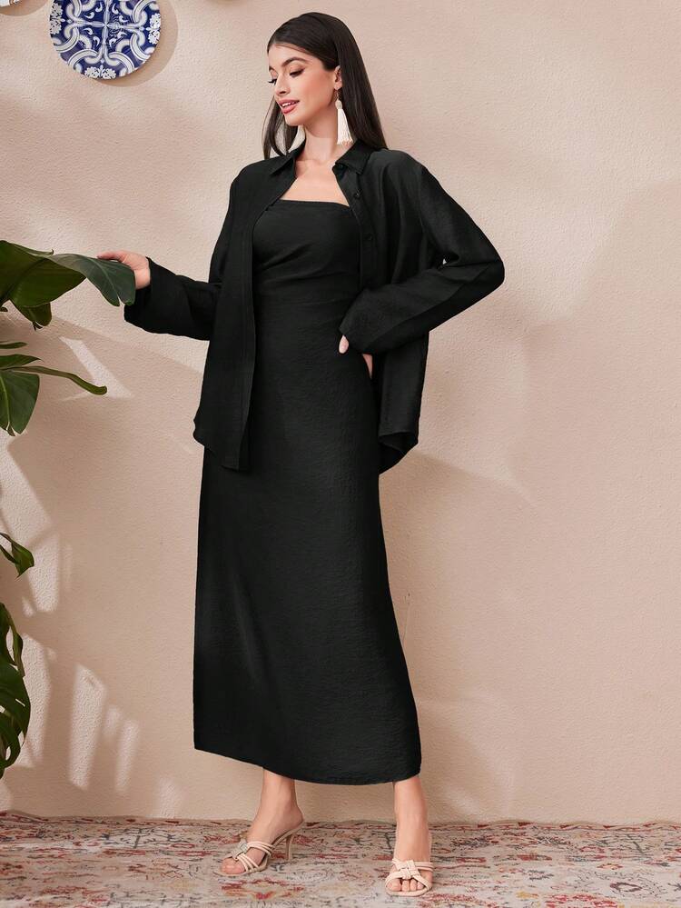 Solid Colored Strapless Dress With Cinching Waist And Button Down Shirt