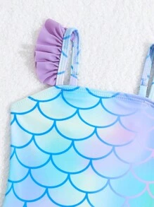 SHEIN Baby Girl One-Piece Swimsuit With Fish Scale Print And Ruffle Hem - Multicolor - View 5