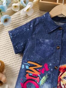 SHEIN Young Girl Lion & Letter Print Short Sleeve Shirt