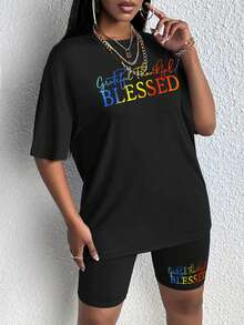 SHEIN Slayr 女士字母印花短袖T恤和骑行短裤两件套 - 黑色 - 查看 4