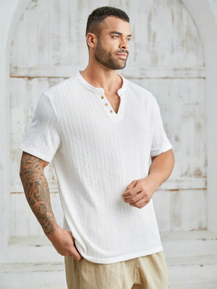 Manfinity Homme Màu thuần Nam Kích thước lớn Ngắn tay Nút Áo thun - trắng - Xem 1