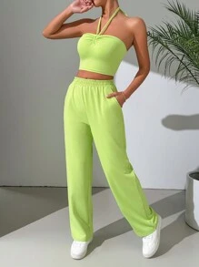 SHEIN EZwear Conjunto De Top Halter De Color Sólido Y Pantalones Para Mujer - Verde - Ver 3