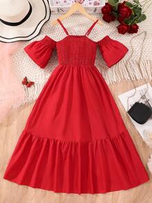 Vestido De Ombro Caído Com Babado De Cintura Elástica Para Adolescentes