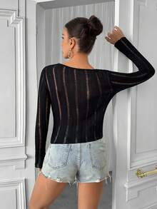 Chiquease 女士實色中空針織毛衣,長袖款 - 黑色 - 查看 2