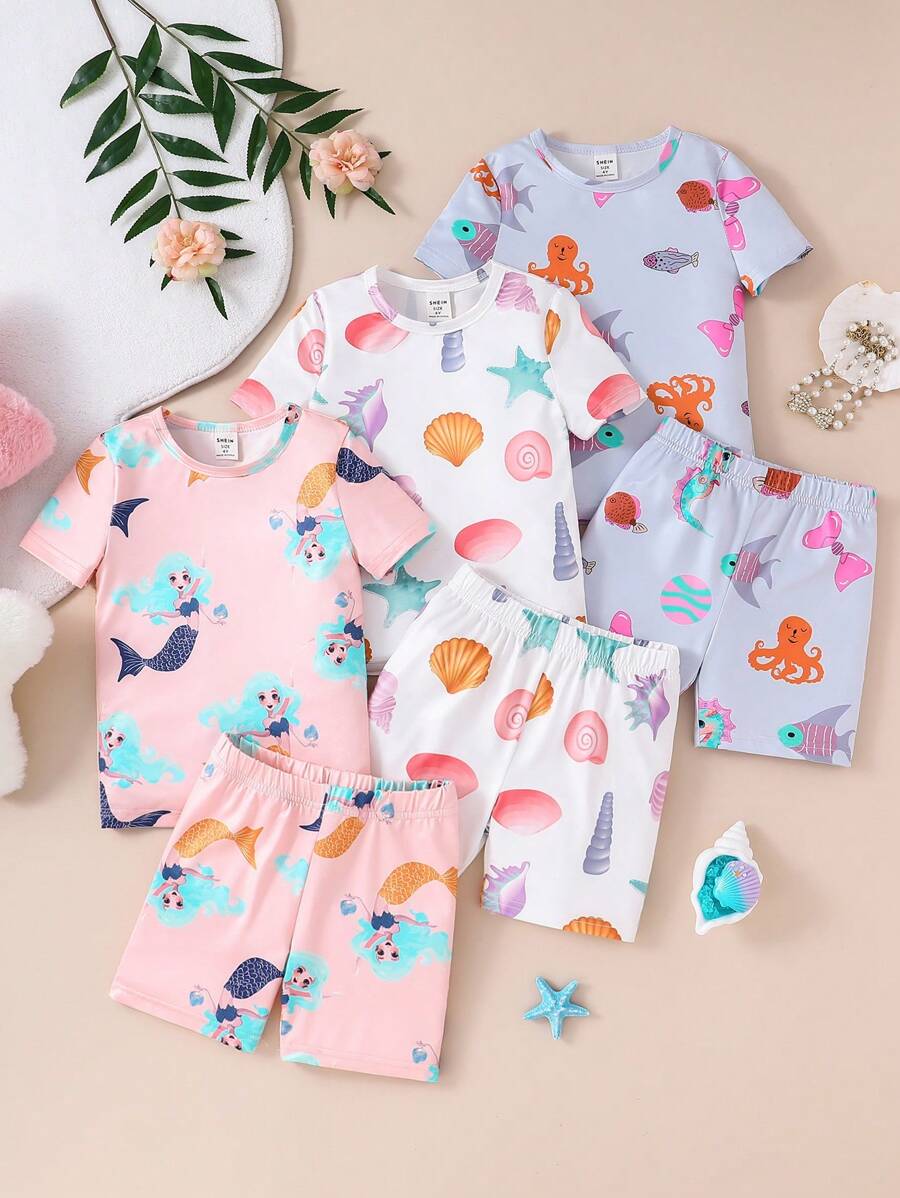 6pcs Baby Girls' Minimalist Ocean Creature Print Snug Fit Round Neck T-Shirt And Shorts Set, 3 Outfit Casual Homewear Combo - Multicolor - View 1