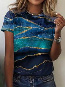 INAWLY Women's Marble Printed Round Neck Short Sleeve T-Shirt Graphic Tees Women Tops