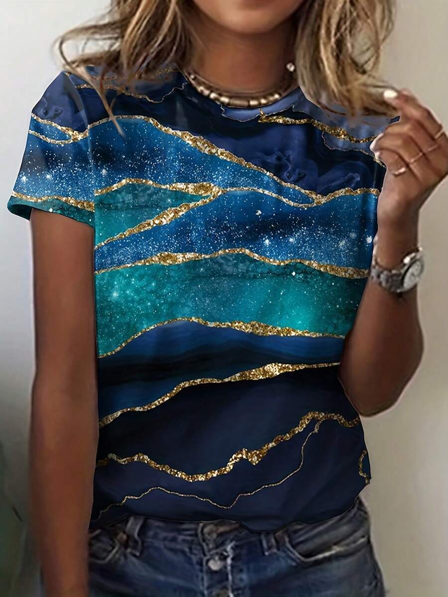 INAWLY Women's Marble Printed Round Neck Short Sleeve T-Shirt Graphic Tees Women Tops