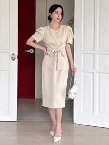 DAZY Women's Puff Sleeve Belted Dress Sundress - Beige - View 1
