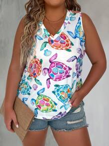 EMERY ROSE Plus Size Women's Turtle Print V-Neck Tank Top For Summer Graphic Tees Women Tops - Multicolor - View 3