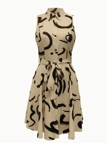 SHEIN Clasi Random Printed Sleeveless Front Button Midi Dress - Khaki - View 1