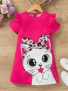 SHEIN Vestido Con Volantes Y Diseño De Caricatura Para Chica Joven - Rosa Fucsia - Ver 1