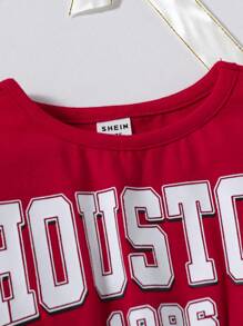 SHEIN Cute Baby Girl's College-Style Short Sleeve Drawstring Dress With Letter Print - Red - View 3