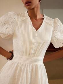MOTF PREMIUM V-NECK PUFF SLEEVE FOLD PLEATED SCHIFFY DRESS - White - View 3