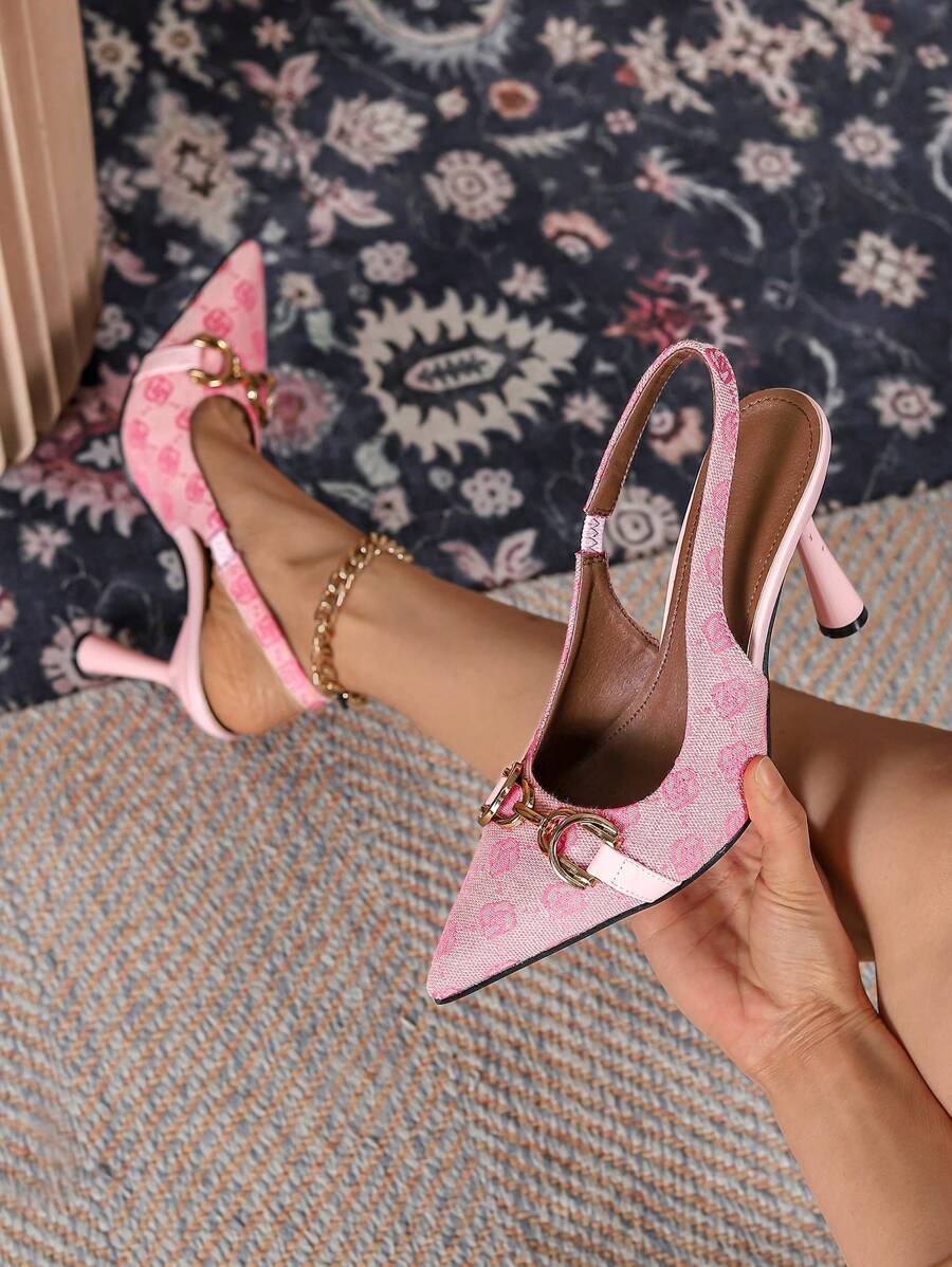 女士高跟尖头时尚漆皮金属搭扣带鞋，情人节礼物，优雅女士高跟鞋，高贵典雅 - 粉色 - 查看 1