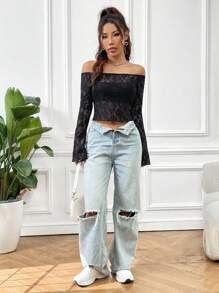 SHEIN Unity 蕾丝露肩修身长袖上衣 - 黑色 - 查看 3