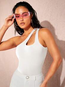 SHEIN BAE Quý cô Màu thuần Xu hướng: Cắt giảm Không đối xứng Vòng cổ Áo liền quần chặt - trắng - Xem 6