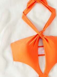 Swim SXY Solid Color Halter Neck Cut Out One-Piece Swimsuit Bathing Suit For Swimming, Vacation, Summer Beach - Orange - View 5