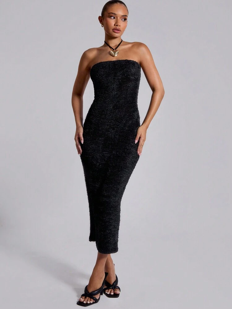 Fluffy Rib Tube Long Dress Sexy Occasion Textured Evening