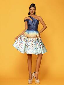 Locational Print Short Luxurious Party Evening Dress - Baby Blue - View 3