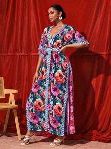 TIYA Vestido largo con cuello en V profundo, estampado total, diseño bohemio y boho para mujer, vestido elegante de verano, atuendo para Año Nuevo, para vacaciones, fiestas y festivales